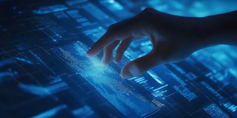 Hand touching a glowing blue surface with abstract lines and light effects.