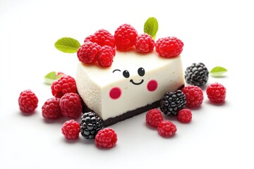A cute cheesecake slice topped with fresh raspberries and blackberries, decorated with a happy face.