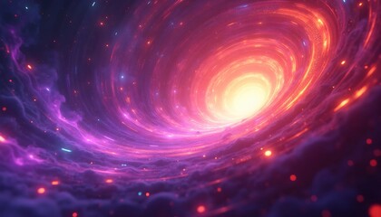 A purple and pink spiral galaxy with stars in the background