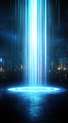 Futuristic cityscape with glowing blue light beam at night