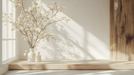 Sunlit room, wooden shelf, flowers, minimalist decor, interior design