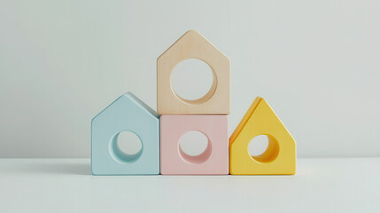 Colorful wooden shape sorter toy in pastel colors, featuring house shaped blocks stacked together. This minimalistic design adds playful touch to any space