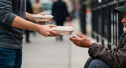 Compassionate Hands: Offering Food to a Homeless Man on City Street
