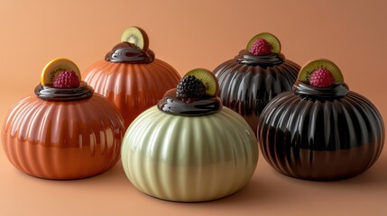 Five colorful, round containers with glossy finishes topped with fruit decorations, displayed against a warm, neutral background.