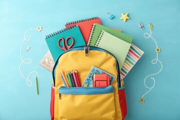 "A vibrant backpack filled with colorful school supplies, including notebooks, pencils, and scissors, neatly arranged against a light blue background, symbolizing excitement for a new school year."