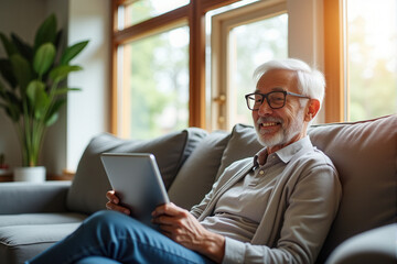 Fototapeta premium Smiling senior comfortably seated on a sofa at home, enjoying time using a digital tablet.