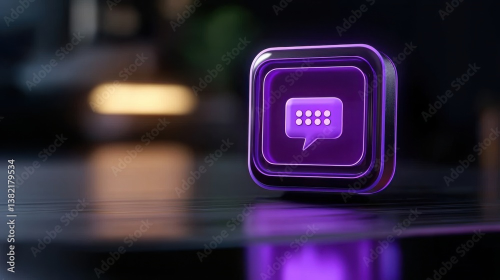 Poster purple app icon representing an ai-powered smart assistant resting on a table surrounded by modern t