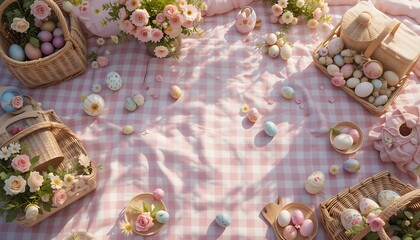 Easter Eggs and Flowers Picnic on Pink Gingham Blanket in Sunlight
