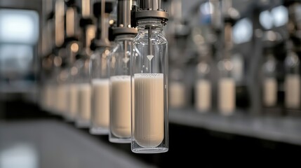 Colorful Row of Glass Bottles Filled with Vibrant Liquid in Light