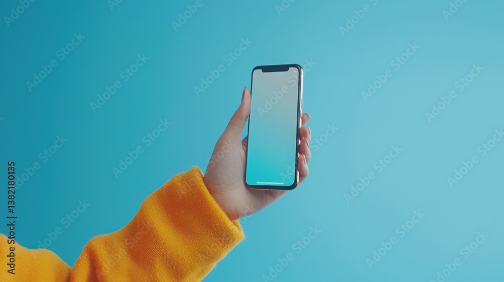 Poster person holding smartphone with augmented reality interface displaying interactive features and infor