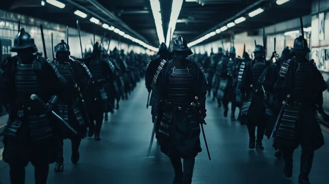 An Epic Samurai Formation Takes Place in a Modern Urban Setting, Merging Historical Culture with Contemporary Life