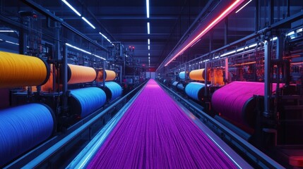 A textile mill with reels of neon-colored cloth rolling through automated machines.