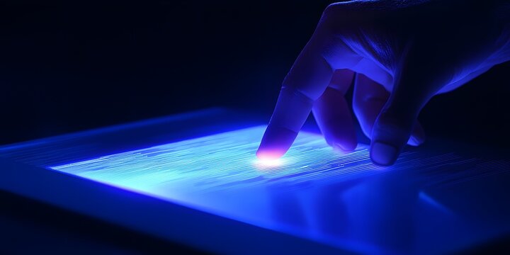 Hand touching a glowing blue screen in a dark environment.