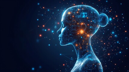 Futuristic female AI concept with circuit patterns and glowing connections