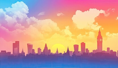 Fototapeta premium Vibrant city skyline at sunrise. A colorful sunrise over a city skyline, with a soft, gradient blend of colors