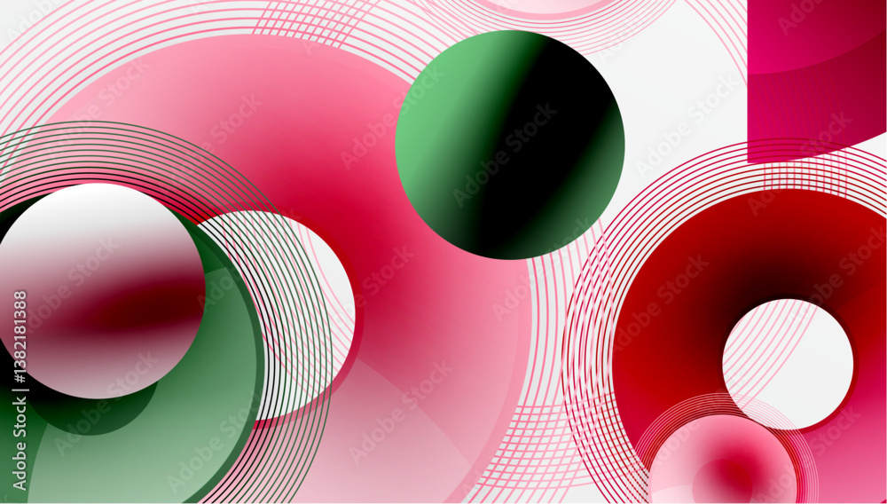 Aufkleber Abstract composition. Overlapping circles, curves, lines create dynamic visual effect. Red, green, white colors dominate. Modern design, geometric shapes.