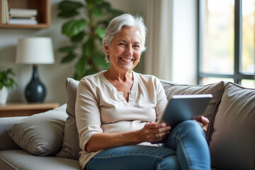Obraz premium Smiling senior comfortably seated on a sofa at home, enjoying time using a digital tablet.