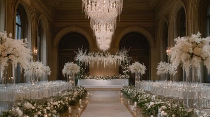 Elegant wedding ceremony setup in grand hall