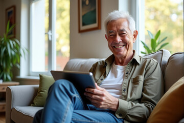 Smiling senior comfortably seated on a sofa at home, enjoying time using a digital tablet.