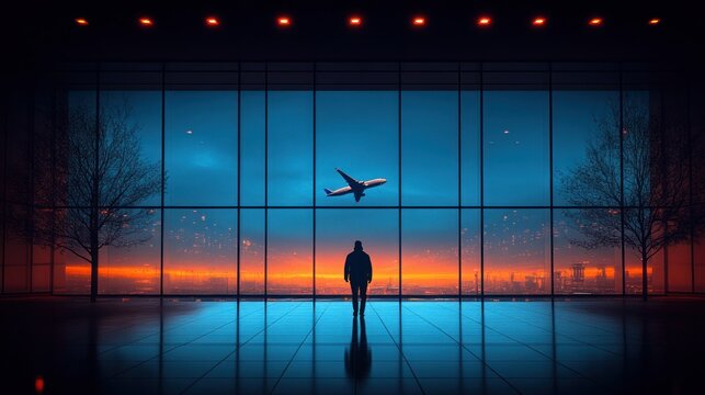A solitary figure watches a plane depart over a city at dusk
