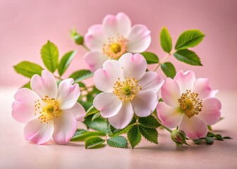 Pastel pink highlights Rosa canina's elegance in this rosehip flower cosmetic photography for skincare products.