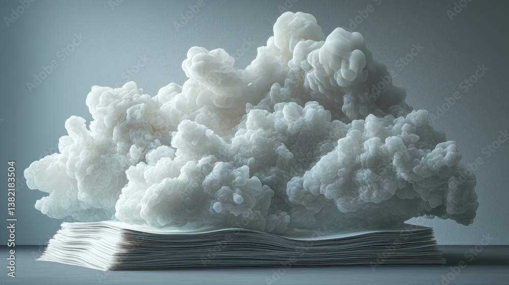 Poster a cloud hovering over a stack of colorful books symbolizing knowledge and information in the digital