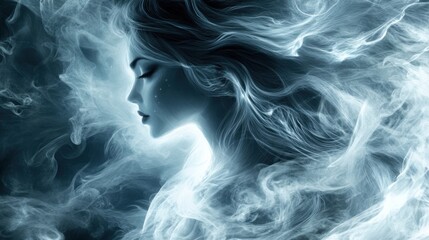 Ethereal silhouette of a woman surrounded by wispy smoke, creating a mystical and dreamlike atmosphere.