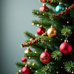 Naklejka premium Colorful ornaments and garlands adorn a festive Christmas tree with a hanging ball decoration, colorful, pinecones