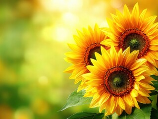 Obraz premium A vibrant bouquet of sunflowers radiates warmth and positivity against a soft, blurred background of greens and yellows.