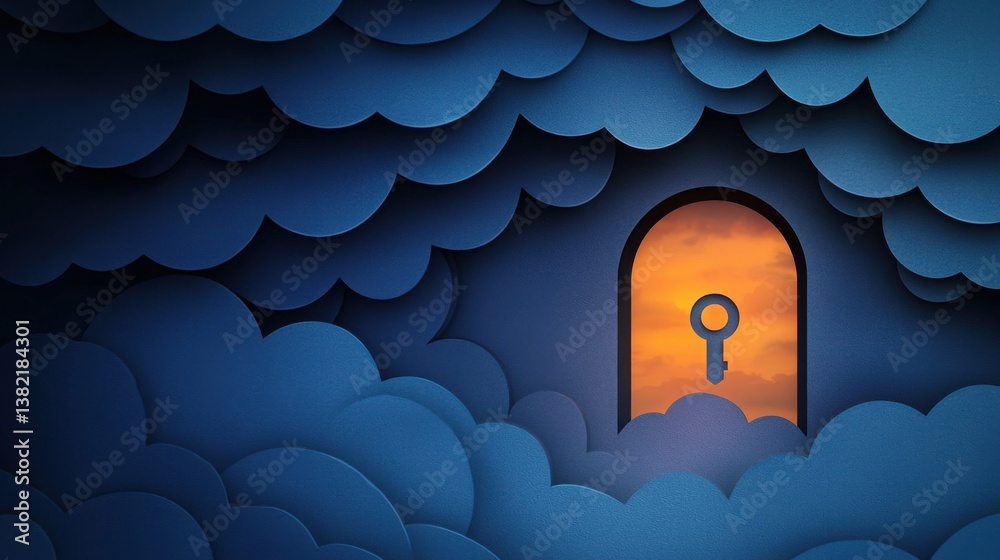 Poster door in the clouds symbolizing cloud security and access control with a keyhole icon in digital comp