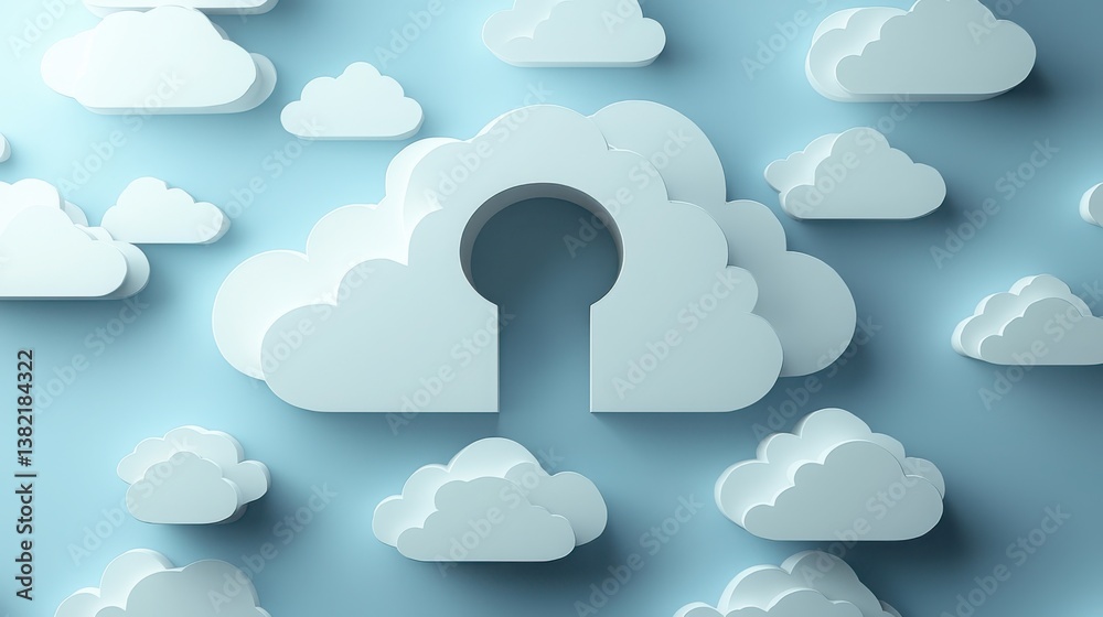 Poster cloud with a door representing security and access control using a keyhole icon for digital cloud co