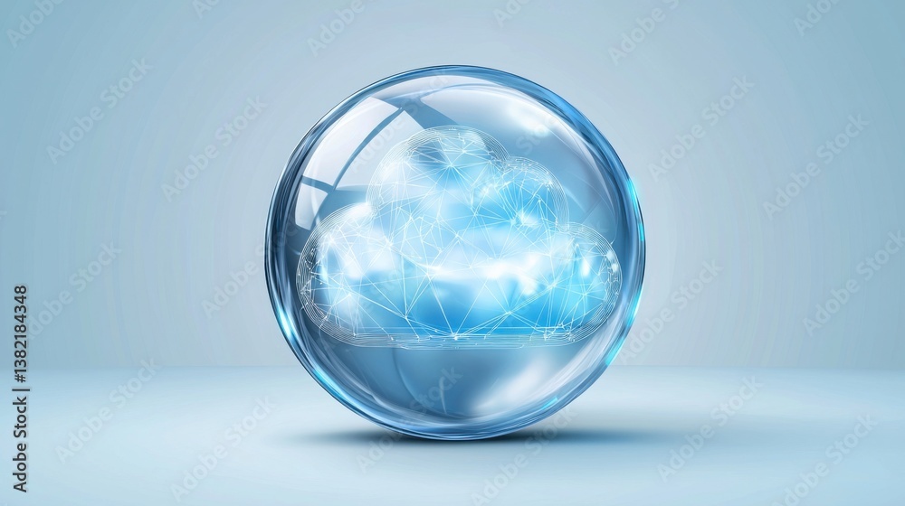Poster glass sphere with a network inside representing cloud shield and server security in the digital comp