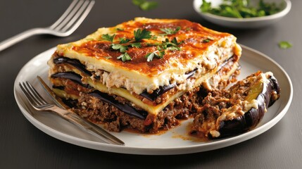 Delicious Plate of Lasagna Layered with Cheese and Fresh Herbs Served Warm