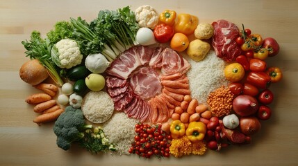 A vibrant arrangement of fresh vegetables, meats, and grains, showcasing a colorful variety of healthy food ingredients.