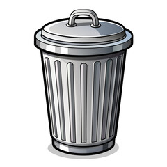 Generate a photorealistic image of a classic steel trash can with a removable lid, showing details like dents and scratches, suggesting age and use.