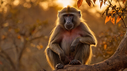 Fototapeta premium A baboon sits on a tree branch, illuminated by warm, golden sunlight. 