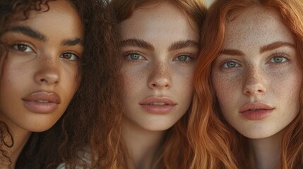 Close-up portrait of a group of multicultural women with natural beauty, radiant dewy skin, embracing diversity, soft pastel backgrounds