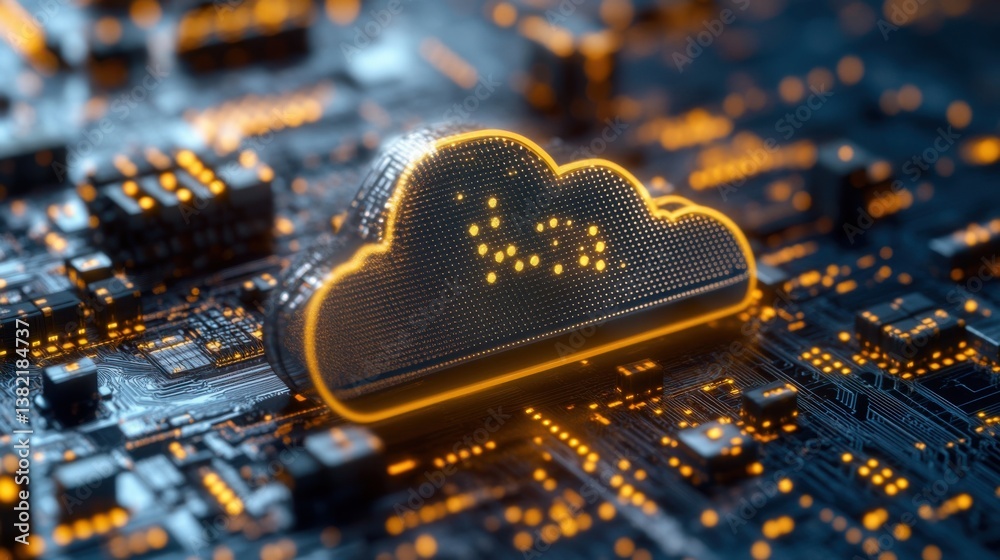 Poster a digital cloud symbol illuminated on a circuit board, representing cloud computing and technology.