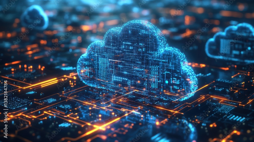 Poster a digital illustration of interconnected clouds representing cloud computing technology, surrounded 
