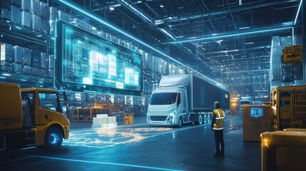 Futuristic Warehouse with Automated Trucks and Digital Interfaces