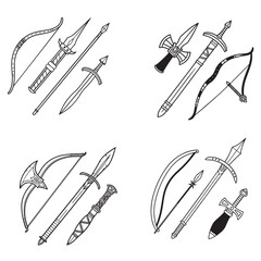 RPG weapon icon set, vector fantasy game sword collection, dungeon dragon battle attack object kit: magic sorcerer staff, warrior dagger, medieval bow, arrow, and character equipment vector 