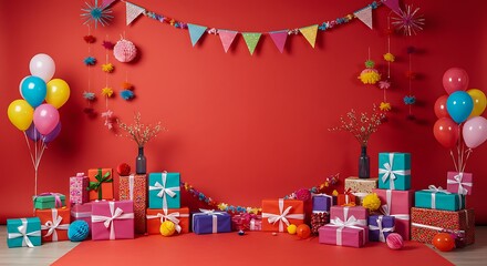 Crimson Celebration A Rainbow Of Gifts Joyful Birthday Scene Festive Red Backdrop Colorful Party Abundance Red Room Revelry Gift Wrapped Happiness Birthday Balloon Bonanza AI Generated