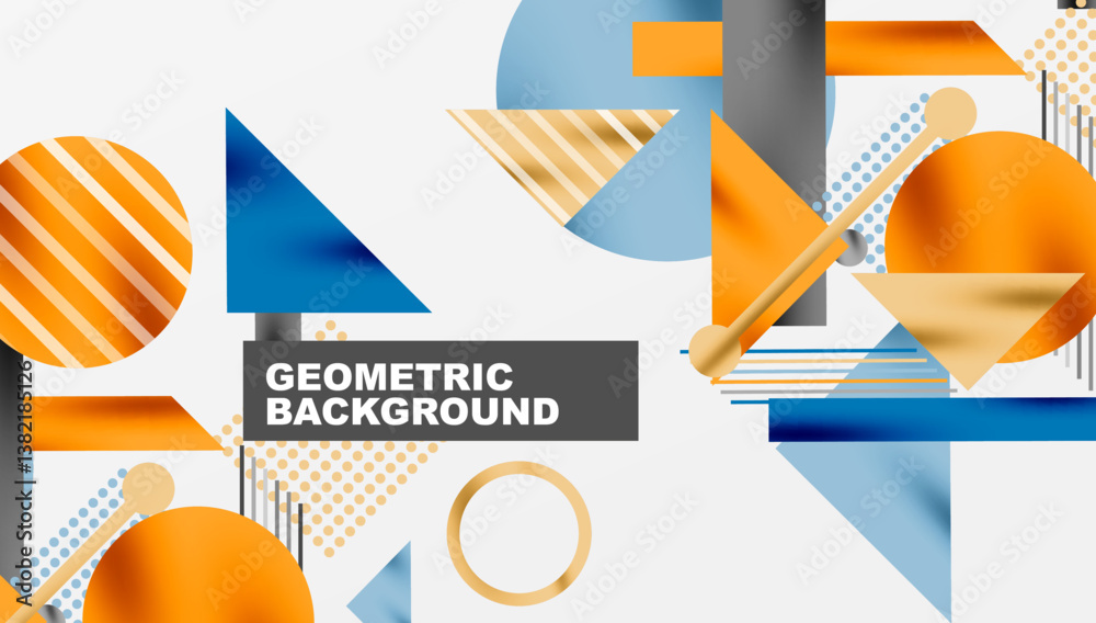 Poster abstract geometric composition. overlapping shapes, stripes, dots create modern design. orange, blue