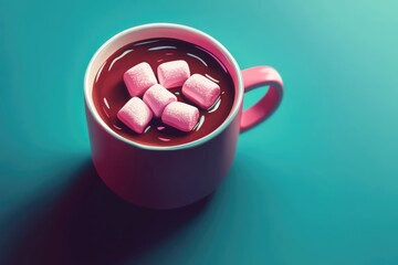 A pink mug filled with hot chocolate and marshmallows on a teal background.