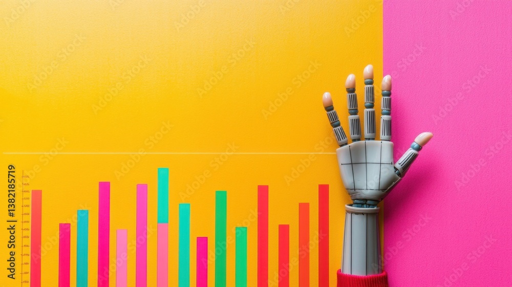 Poster robotic hand analyzing data with bar chart displayed in a modern digital environment for business in