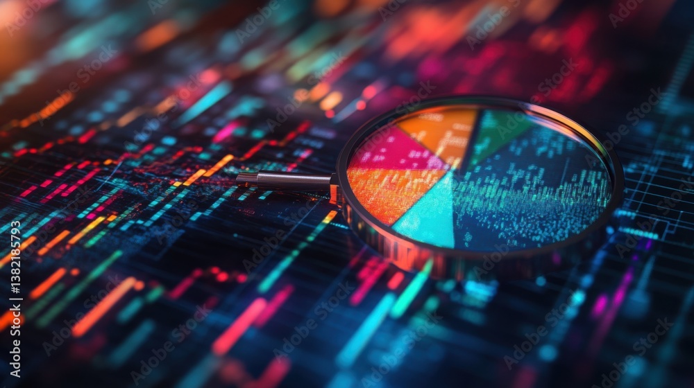 Poster a close-up view of a magnifying glass over colorful data visualizations, illustrating analysis and i