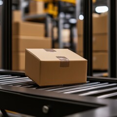 Box on Conveyor in Modern Warehouse Environment Illustrating Logistics