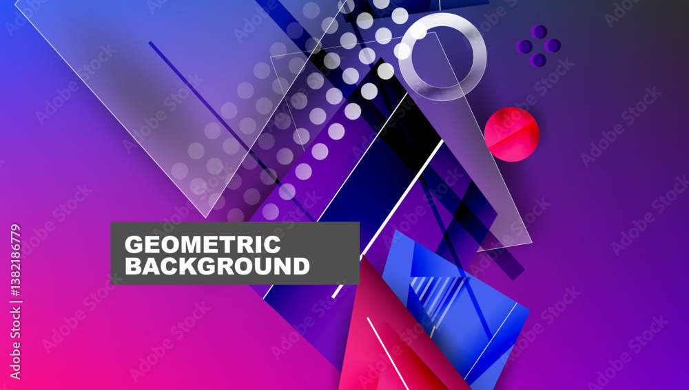 Poster abstract geometric composition. vibrant purple, blue gradients. overlapping shapes, lines create dyn