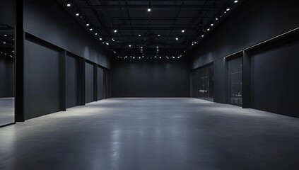 Exploring Dark Minimalist Interior Design: Sleek Walls, Polished Concrete Floor, and Recessed Lighting Create a Modern, Sophisticated Atmosphere in a Spacious Hallway.