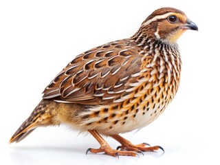 Fototapeta premium Pristine white backdrop showcases a single, raw quailâ€”high-resolution food photography stock image ideal for menus or recipes.